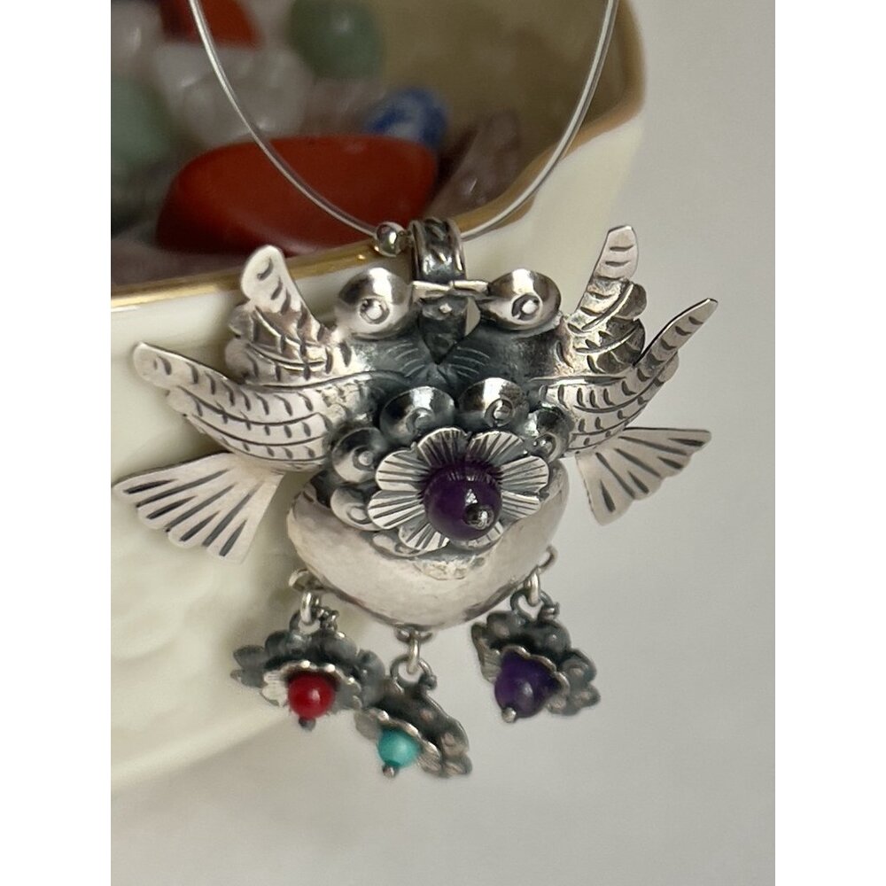 Handmade Mexican Sterling Silver  Love Bird Heart Pendant - Picture 10 of 15